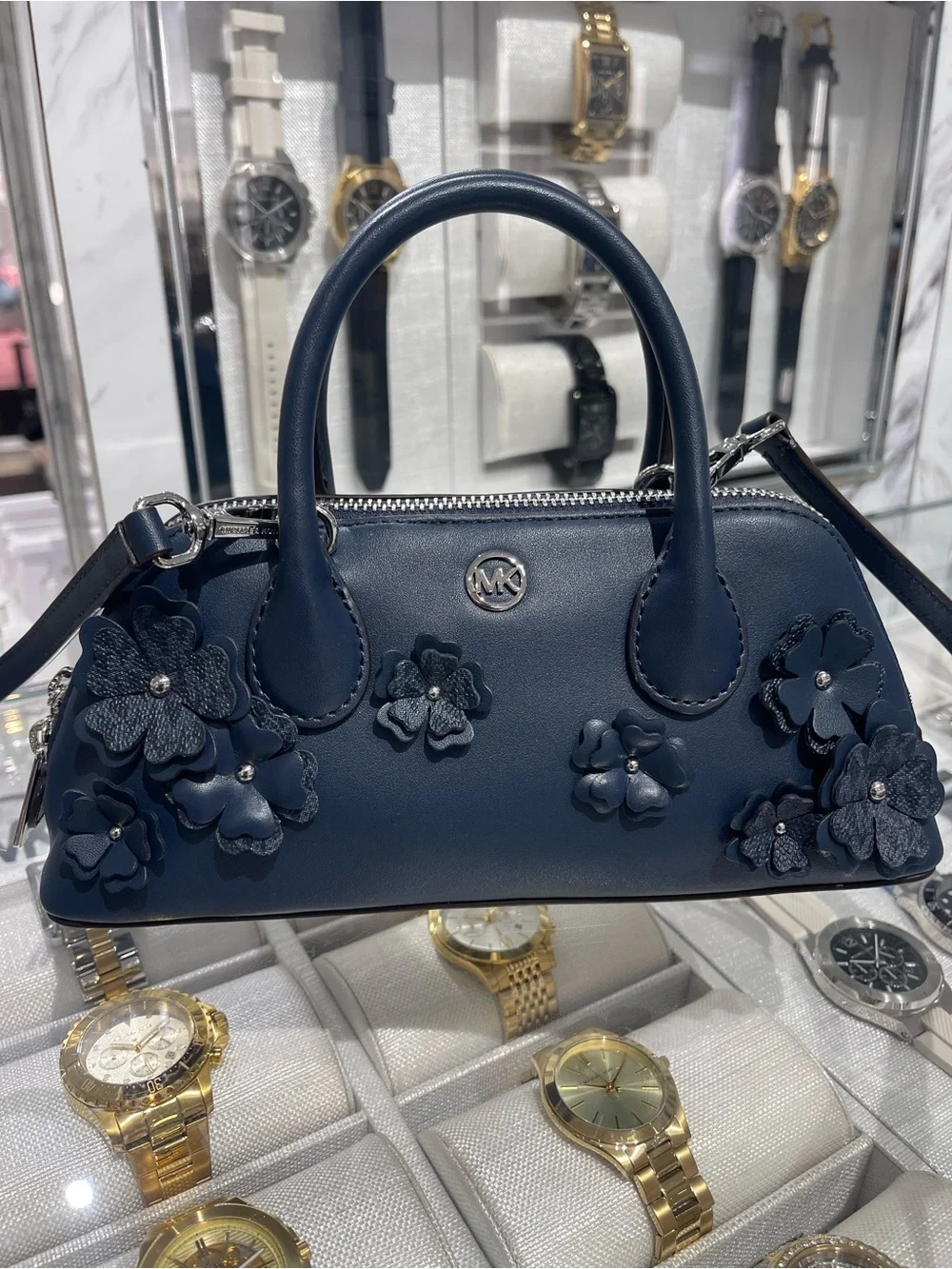 Michael Kors Petra Small Floral Embellished Crossbody Bag Navy NWT